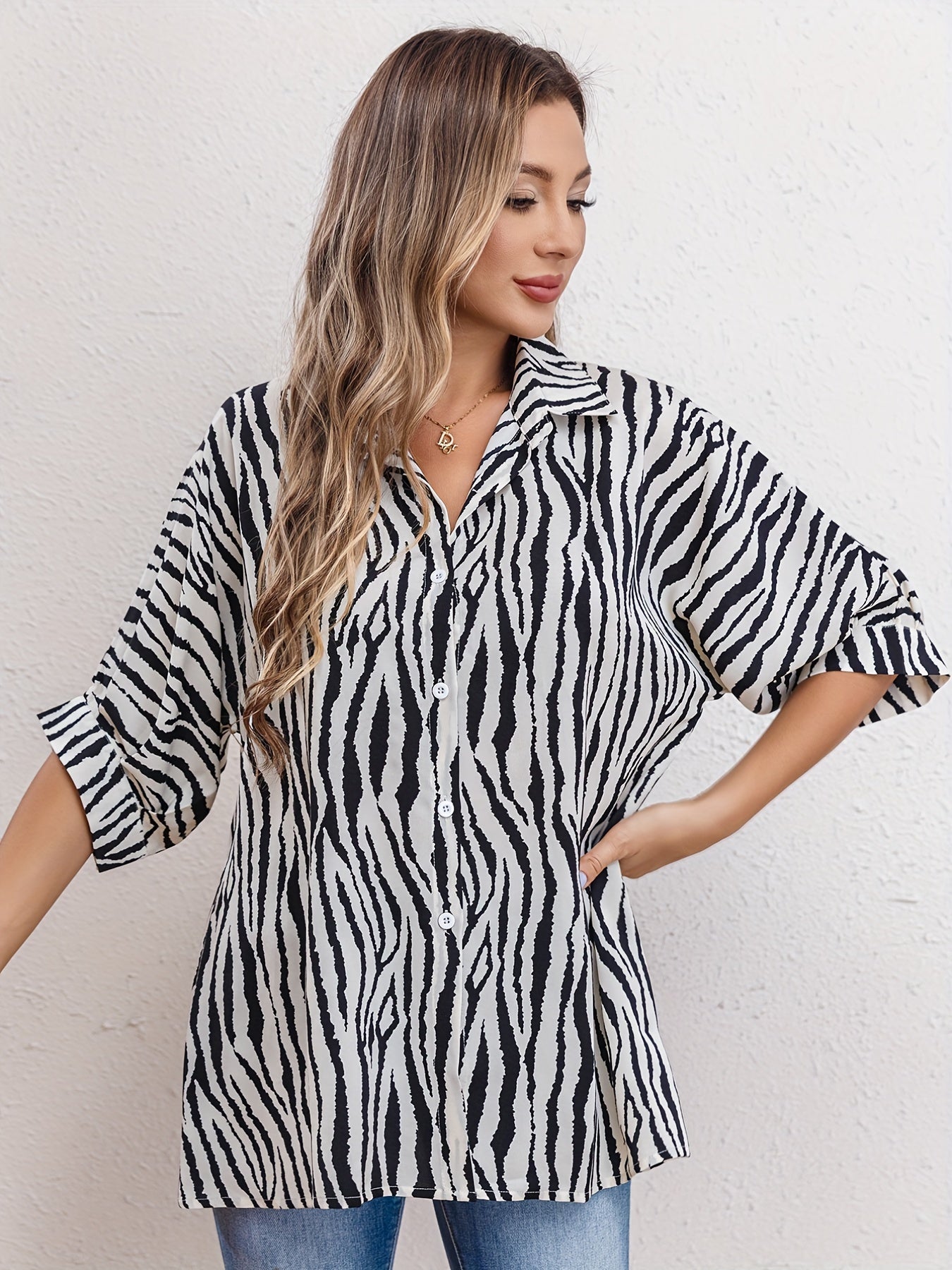 Zebra Print Blouse with Cuffed Sleeves