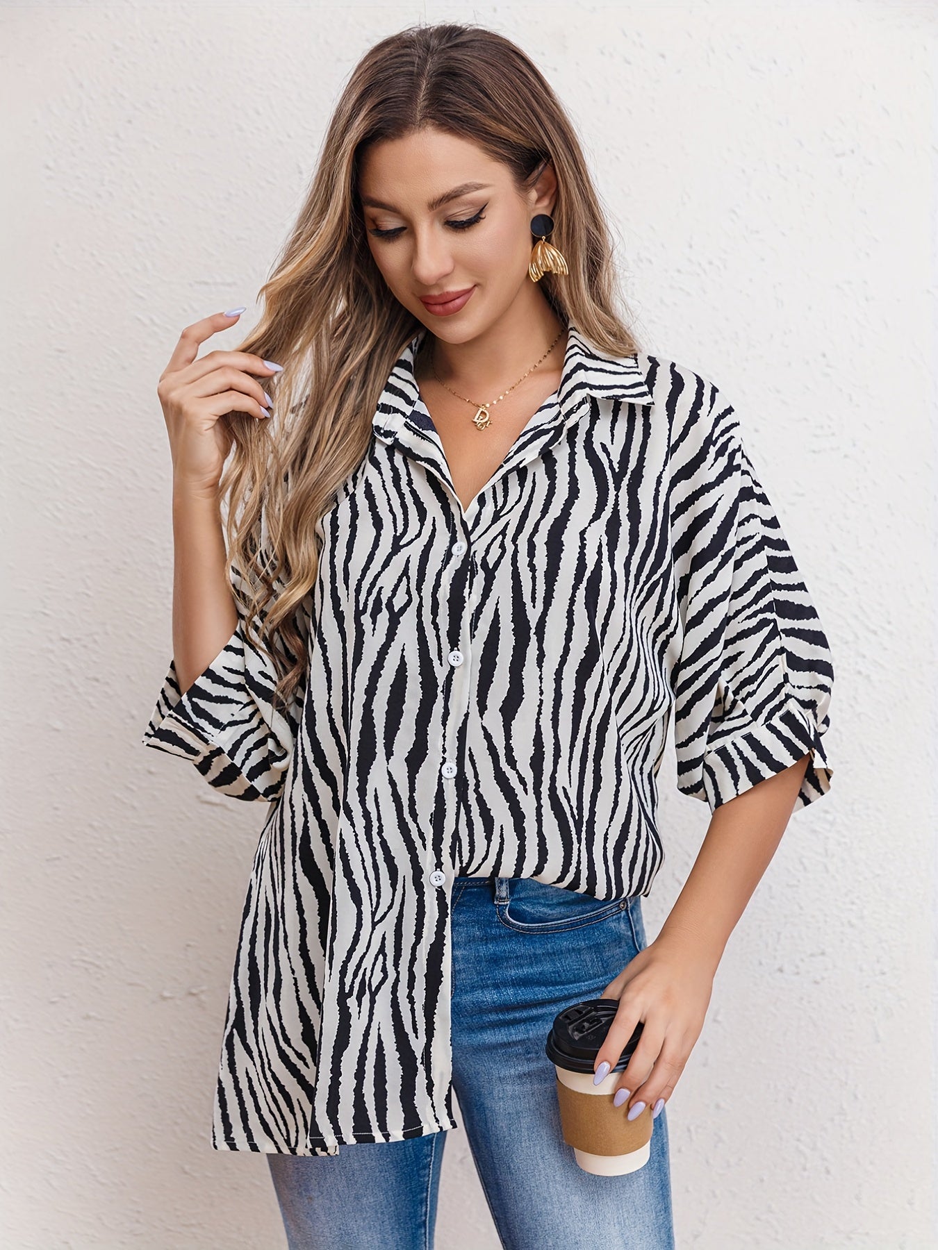 Zebra Print Blouse with Cuffed Sleeves