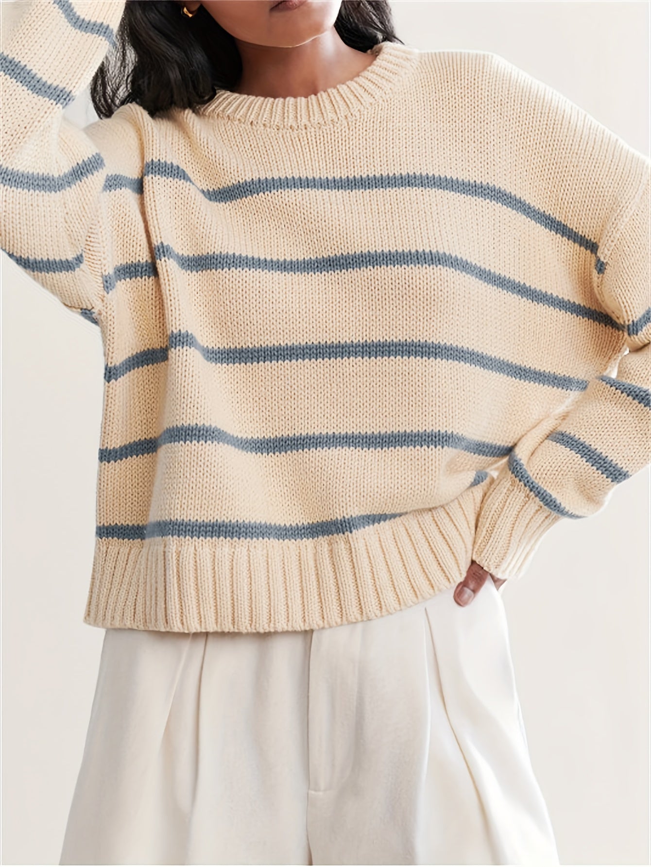 Striped sweater with dropped shoulder