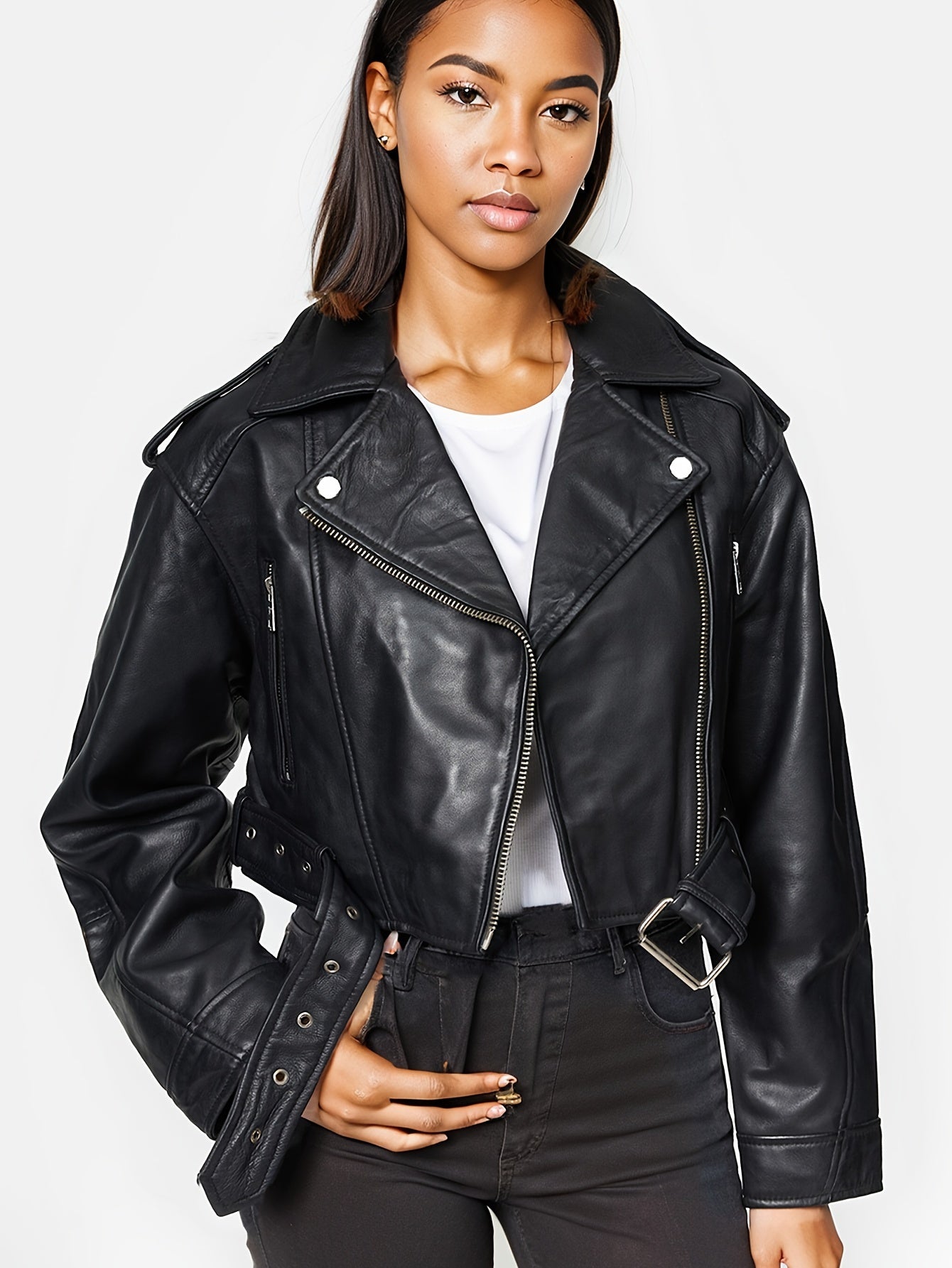 Leather jacket with adjustable belt