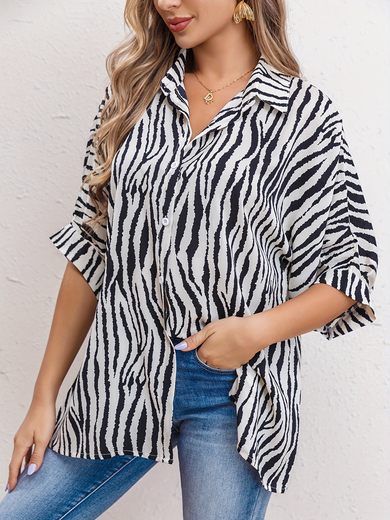 Zebra Print Blouse with Cuffed Sleeves