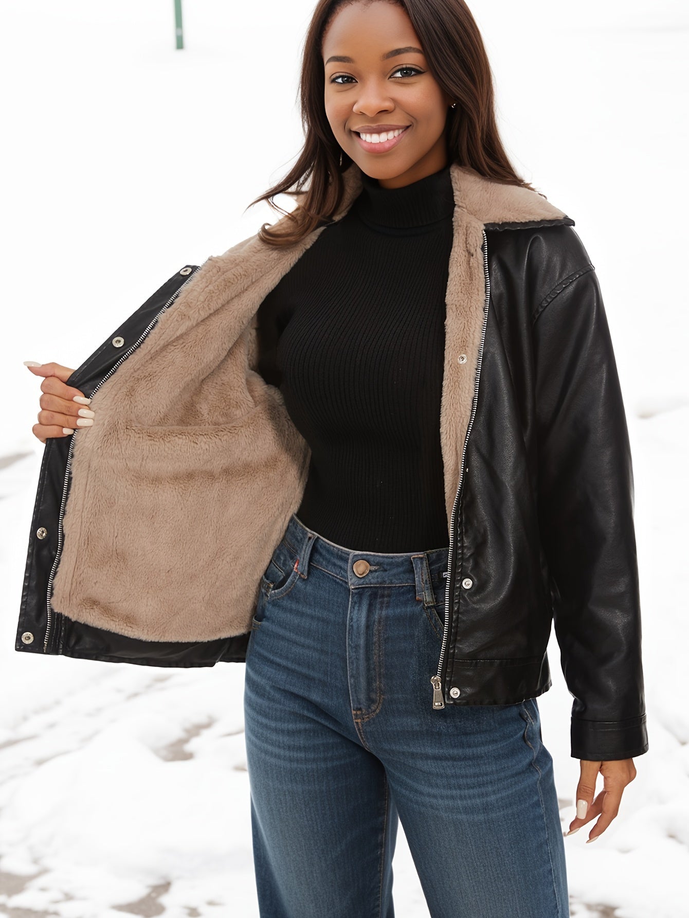 Fleece lined PU leather jacket